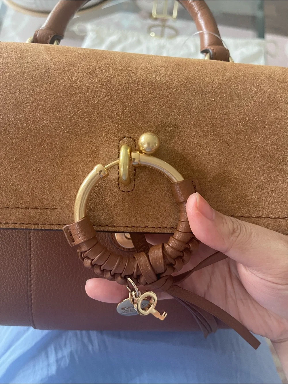 NWT See By Chloé Brown Suede & Leather Top-Handle Satchel with Braided Ring